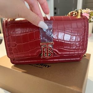 Burberry Mini Embossed Leather TB Bag in Dark Carmine